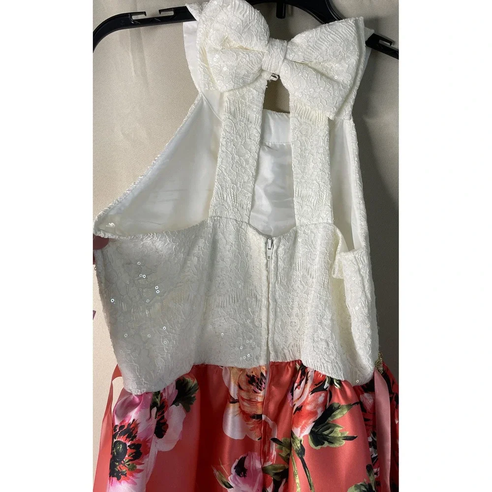 Rare Editions Girls Size 16 High Low Dress Coral Pink Floral Lace Sequin Bow NEW